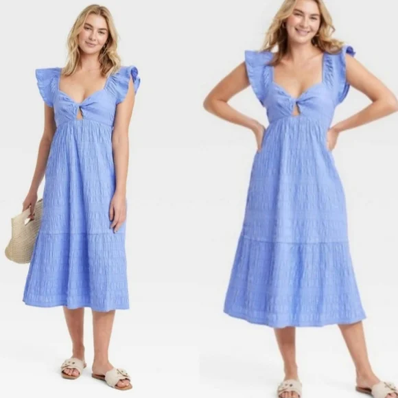 BLUE UNIVERSAL THREAD RUFFLE FLUTTER SLEEVE PUCKER SMOCK TWIST FRONT MIDI DRESS - Picture 3 of 11